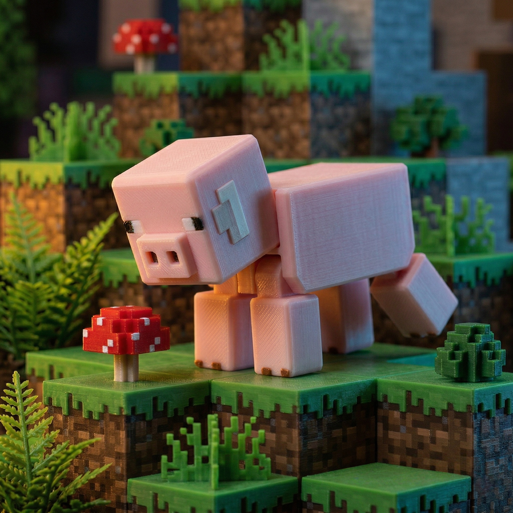 3D printed articulated voxel figure of a pink pixelated pig jumping through a blocky terrain biome, desk toy collectible.