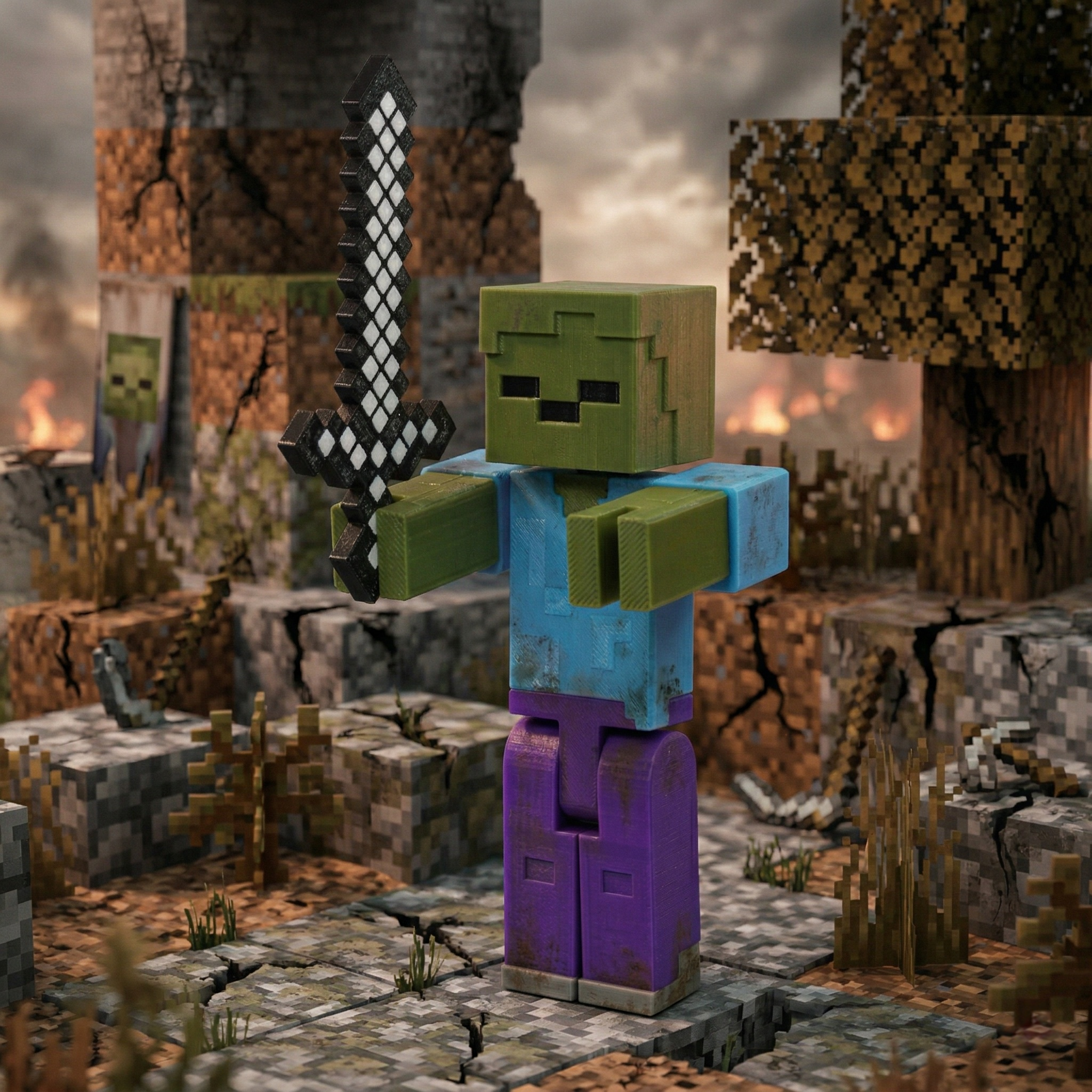 3D printed articulated voxel figure of a green undead lurcher holding a black and white pixelated sword in a classic arms-forward pose..