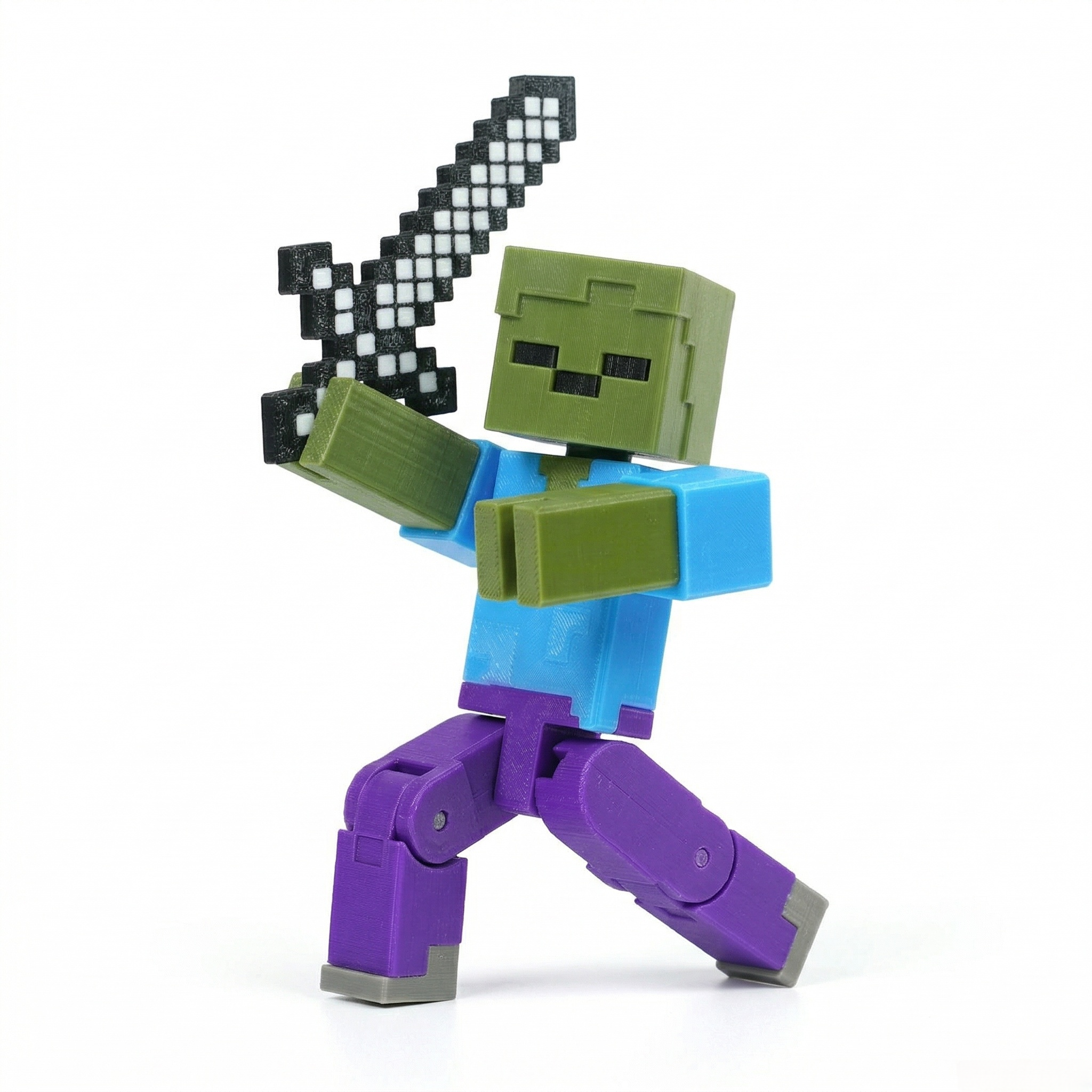 3D printed articulated voxel figure of a green undead lurcher holding a black and white pixelated sword in a classic arms-forward pose..