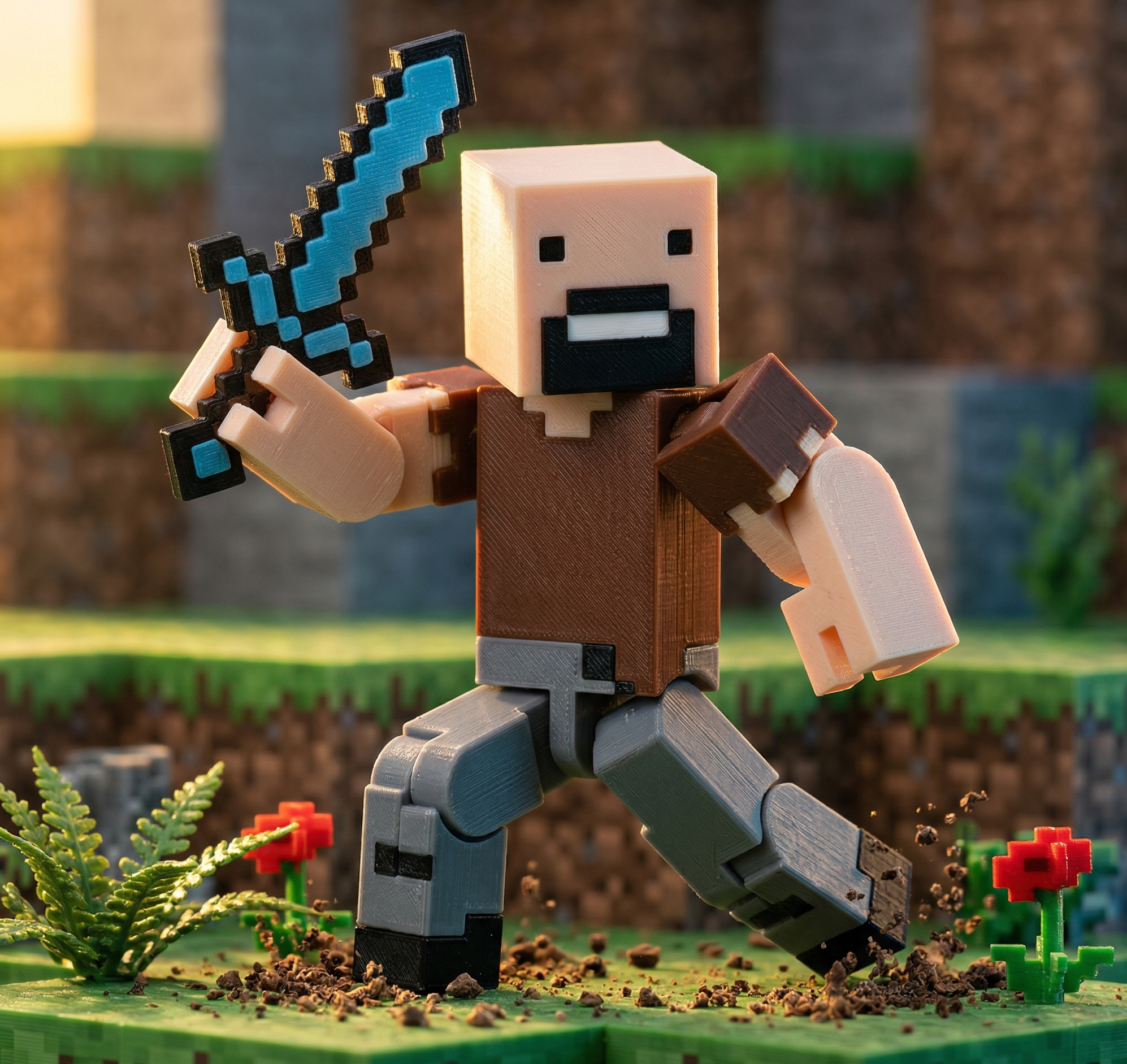 3D printed articulated voxel figure of a Pixel Adventurer in a dynamic running pose holding a blue pixelated sword in a grass biome.