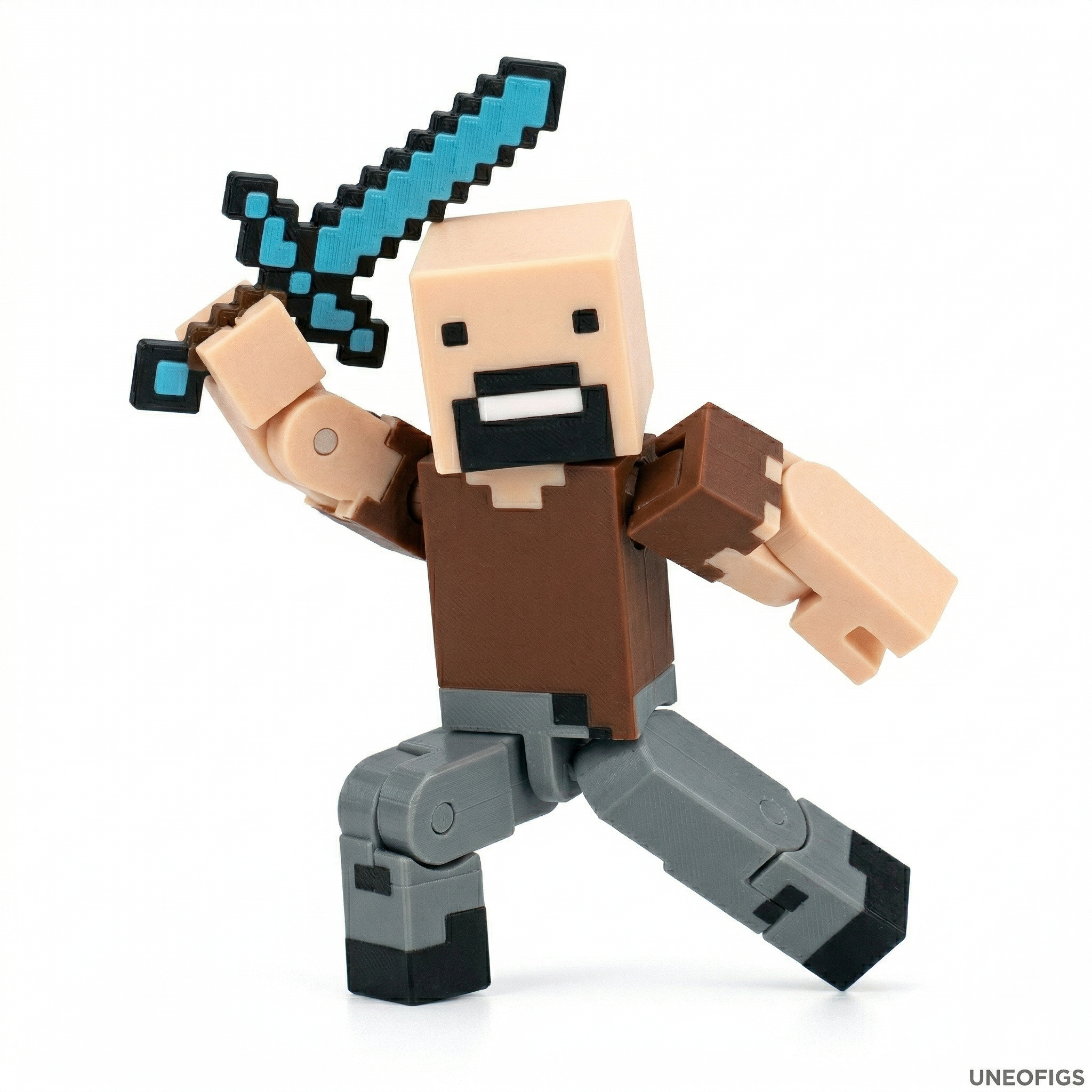 3D printed articulated voxel figure of a Pixel Adventurer in a dynamic running pose holding a blue pixelated sword in a grass biome.