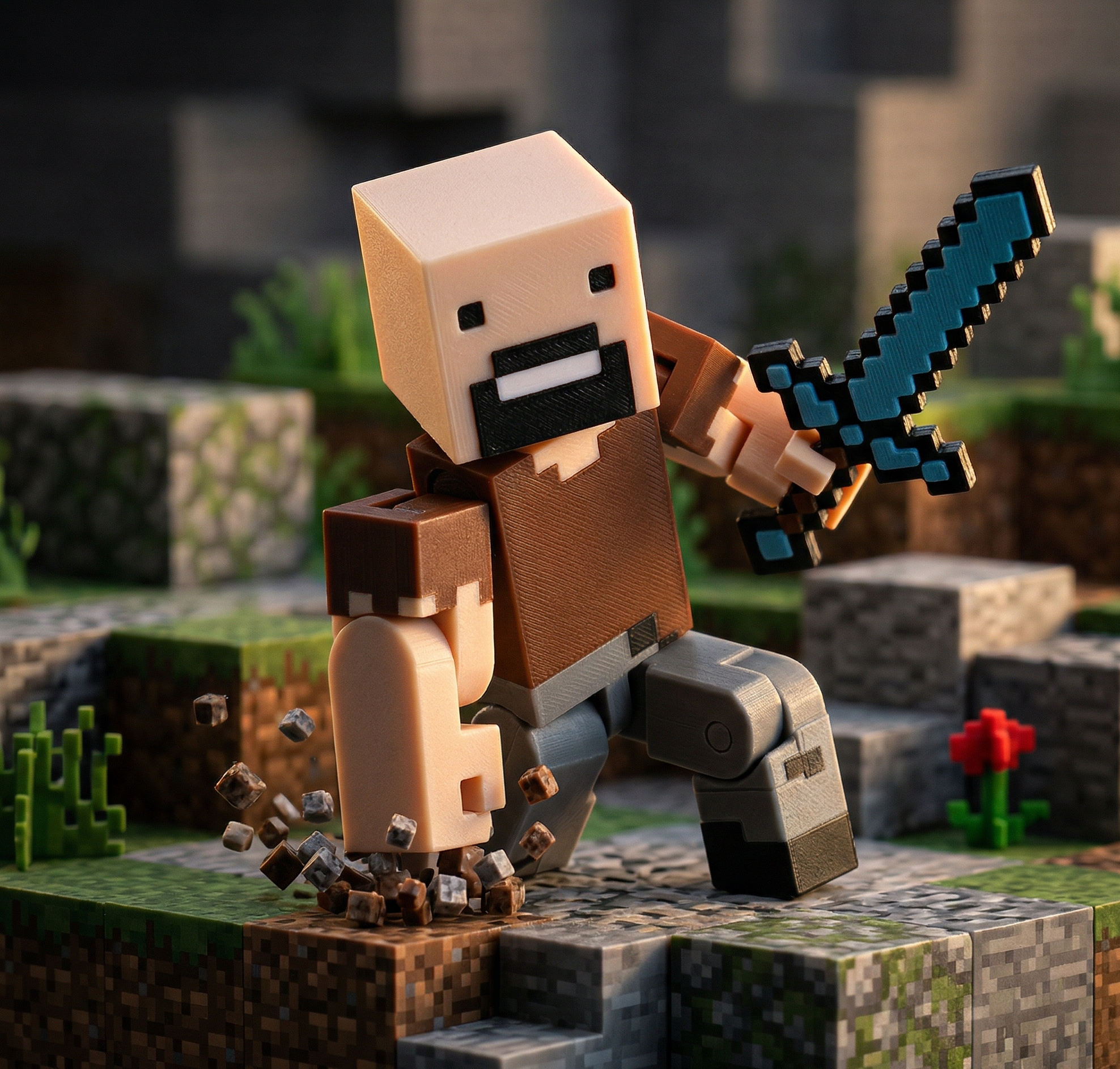 3D printed articulated voxel figure of a Pixel Adventurer in a dynamic running pose holding a blue pixelated sword in a grass biome.
