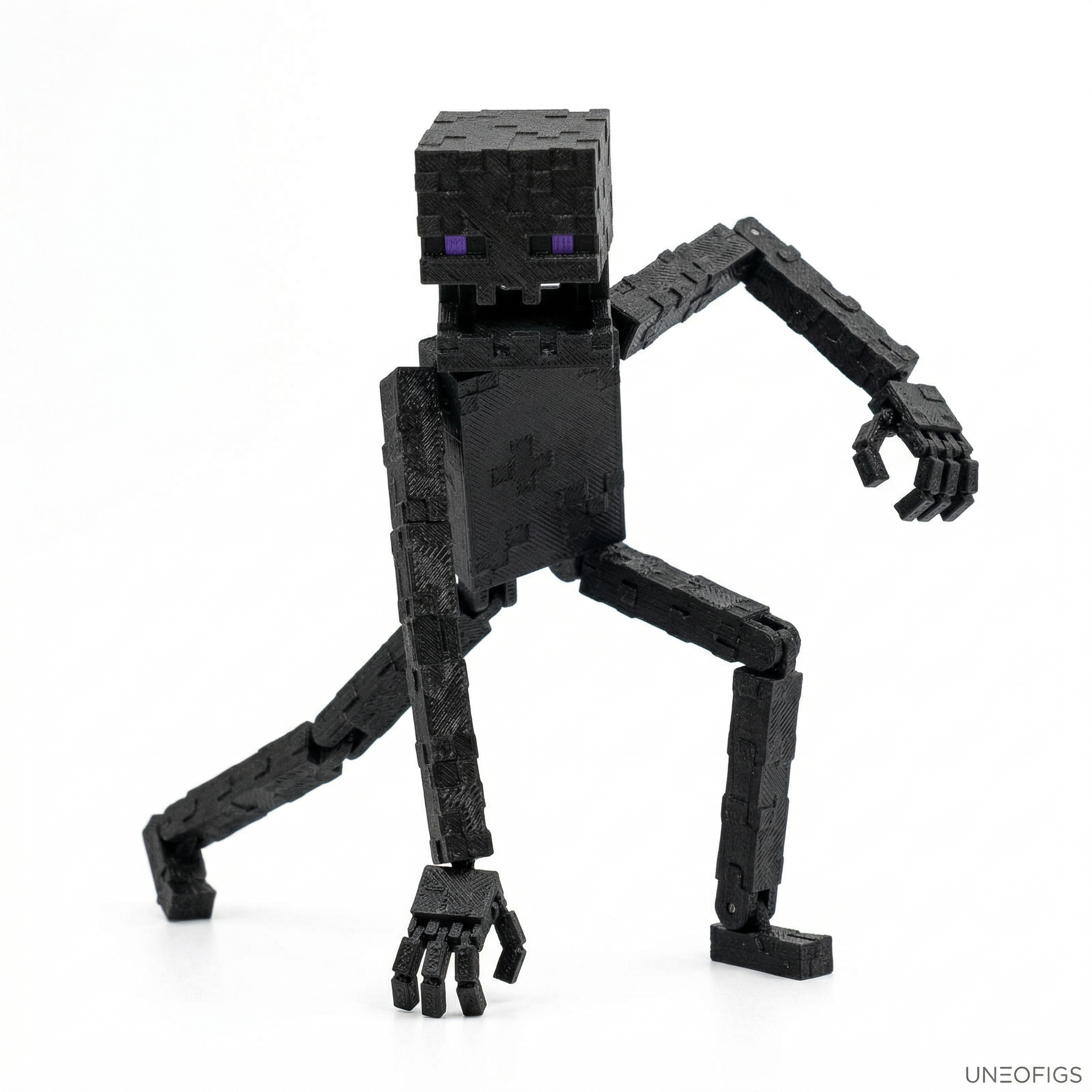 3D printed articulated voxel action figure in dynamic crouching pose with purple energy effects at its feet, voxel art design.