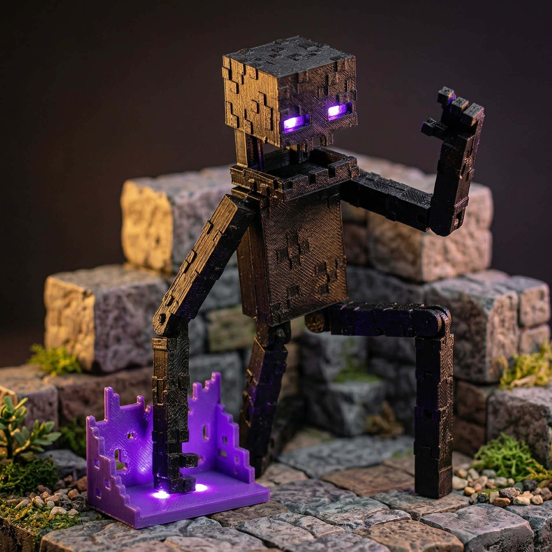 3D printed articulated voxel action figure in dynamic crouching pose with purple energy effects at its feet, voxel art design.