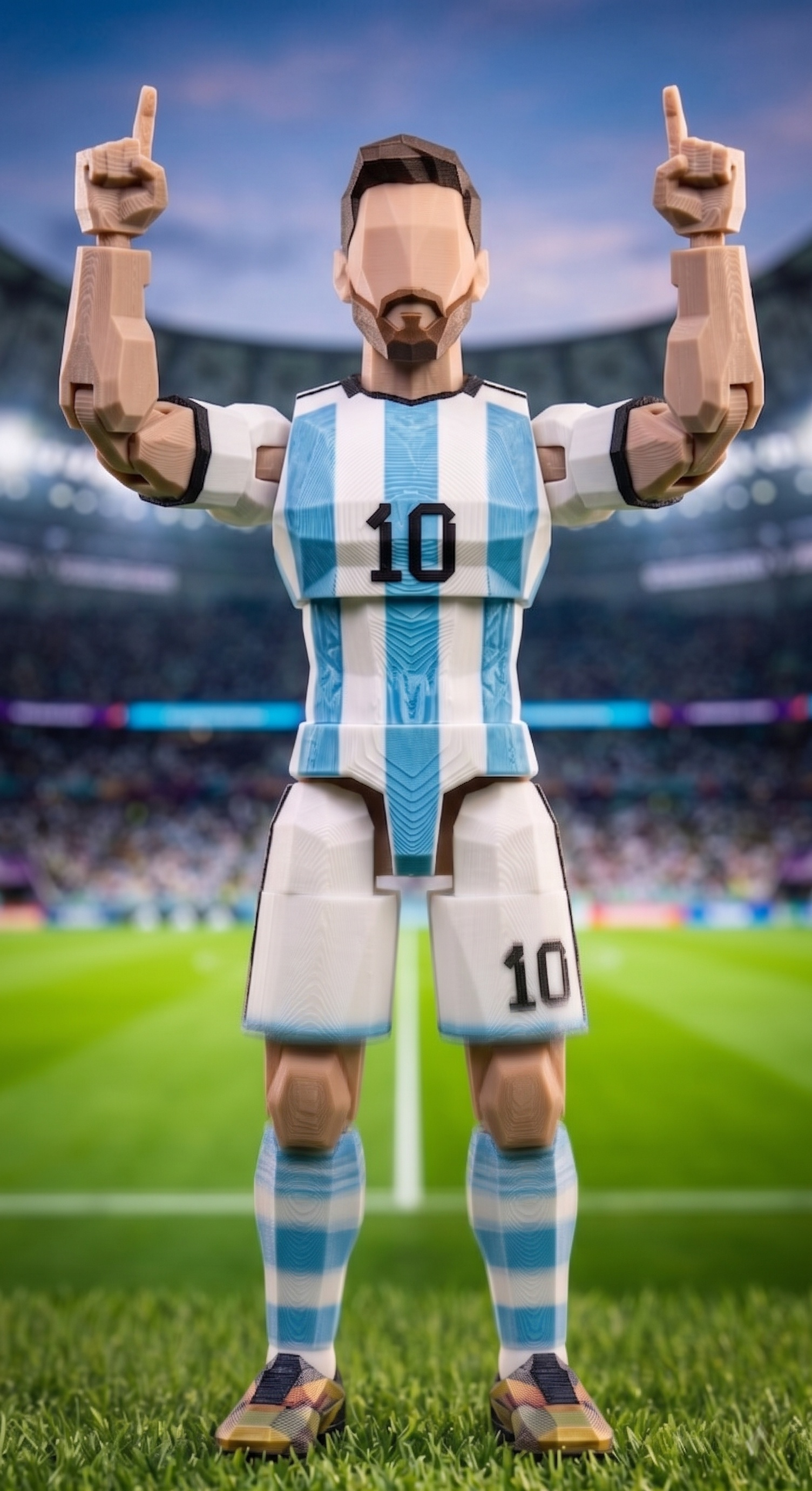 3D printed Argentina number 10 football player figurine in blue white jersey