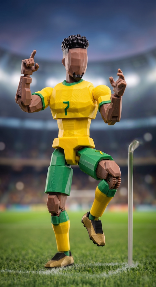 3D printed Brazil football player figurine in yellow green kit low poly style