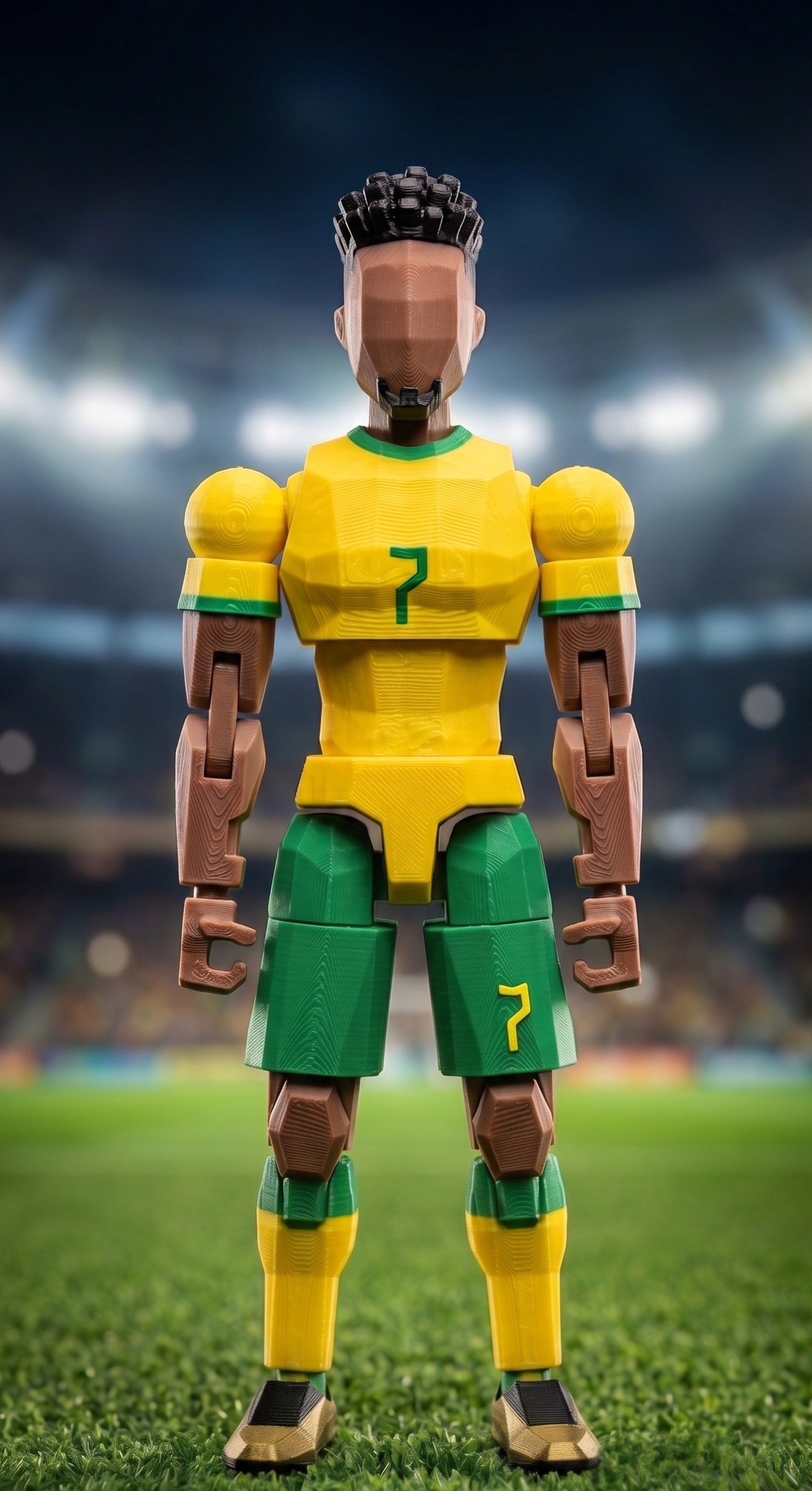 3D printed Brazil football player figurine in yellow green kit low poly style