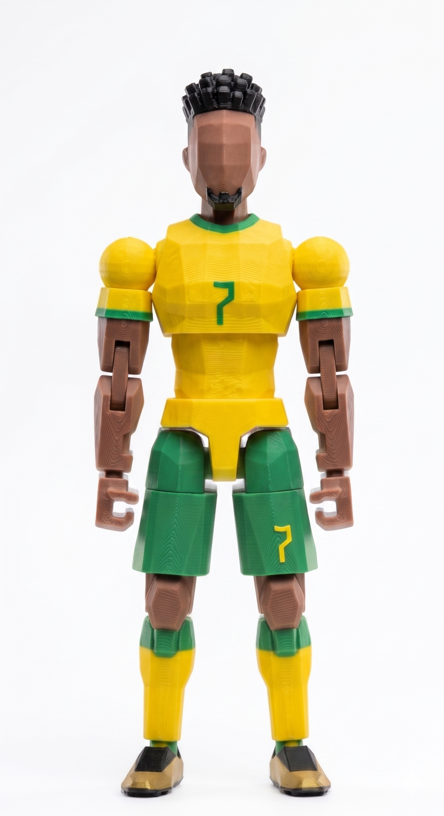 3D printed Brazil football player figurine in yellow green kit low poly style