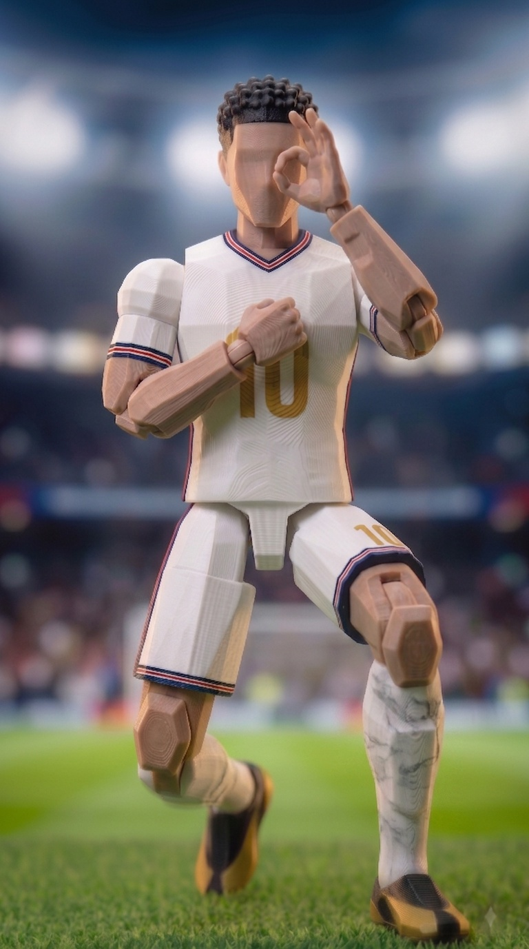 Jude Bellingham England soccer action figure with gold number 10 jersey for sports collectors and memorabilia displays.