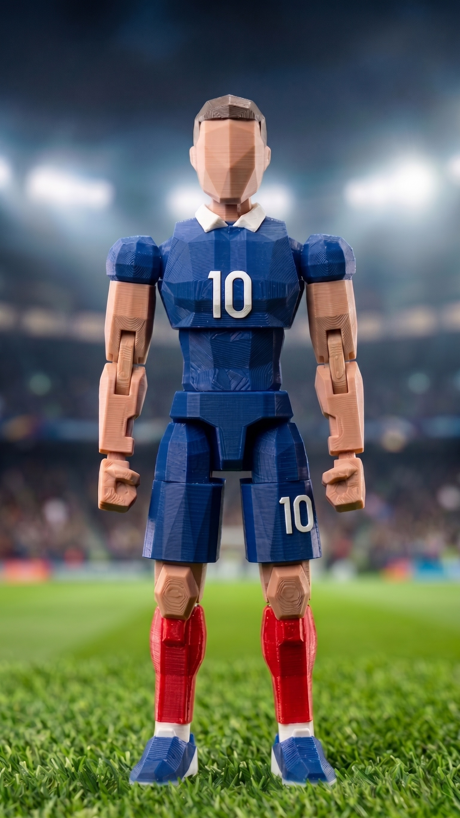 UNEOFIGS 2026 World Cup series low-poly football figure, number 10 blue kit, modular 3D printed collectible with visible layer lines