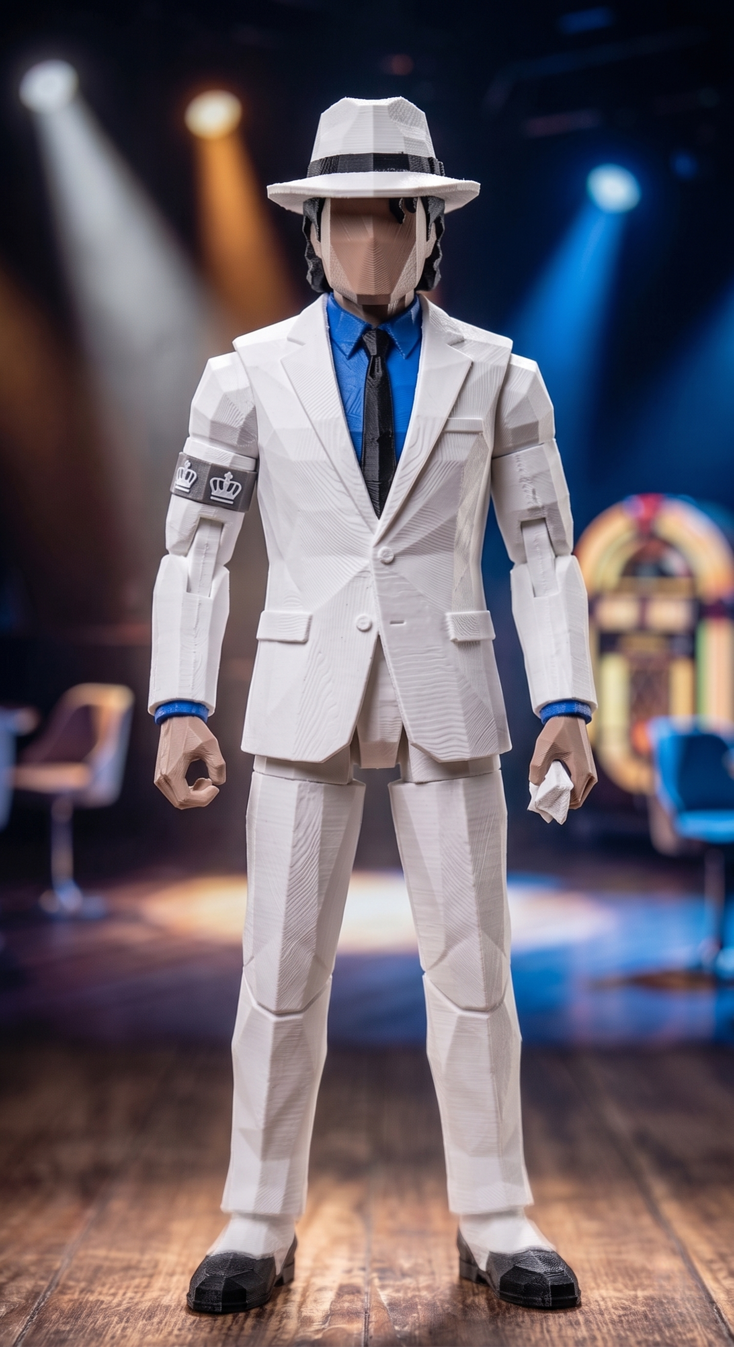 Low-poly 3D printed action figure in an iconic 80s white suit and fedora hat, blue shirt, and a crown armband. Features a minimalist faceless geometric head, clear FDM print lines, and movable spherical joints. Desk art figurine